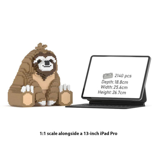 Model of a sloth made from building blocks next to a 13-inch iPad Pro for scale.