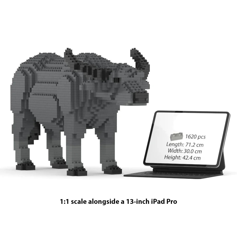 Large buffalo model made of interlocking bricks next to a tablet displaying product details on a white background
