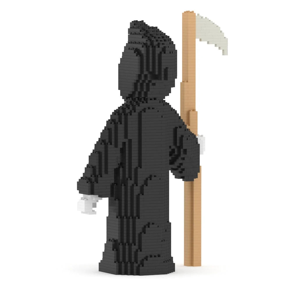 A block-built grim reaper figure in a black hooded robe holding a beige scythe with a white blade, shown on a plain white background.