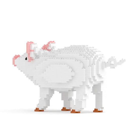 Model of a pig made from interlocking bricks on a white background
