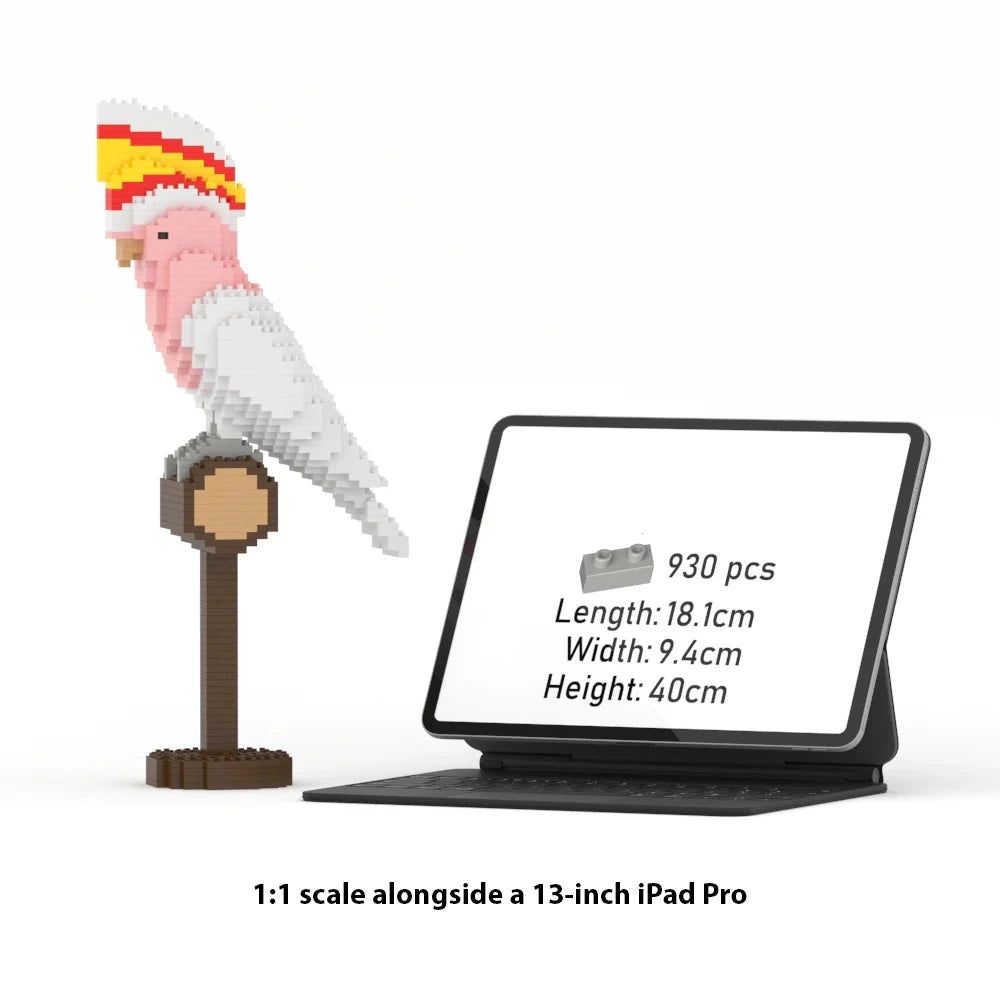 Model of a parrot next to a tablet displaying product details on a white background.