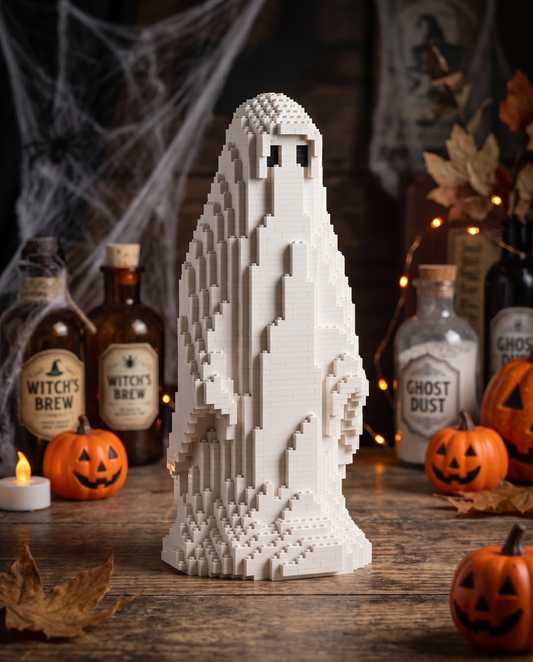 A white ghost-shaped decorative object made of small block-like pieces stands on a wooden table in a Halloween-themed setting. Jack-o'-lanterns, candles, autumn leaves, and several labeled bottles including Witch's Brew, Ghost Dust, and Ghost are arranged around it.