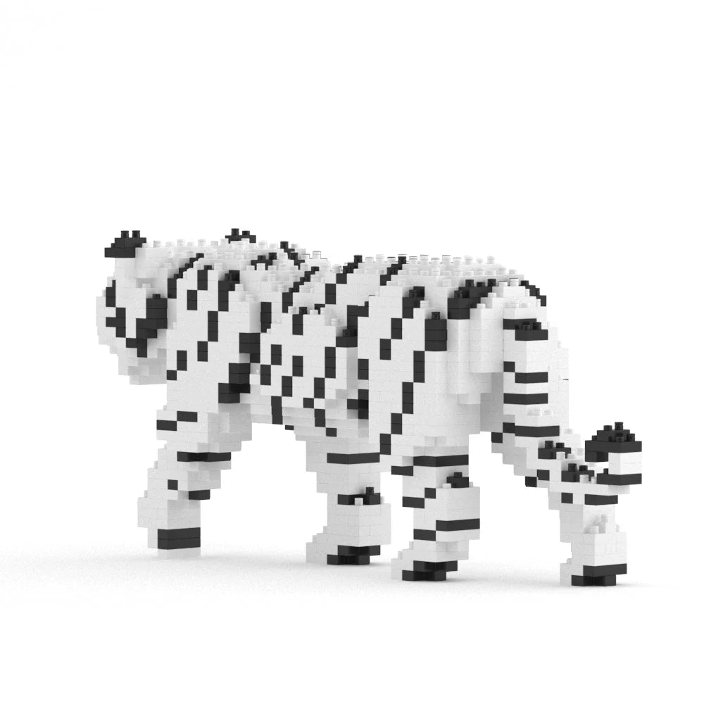 Snow Tiger made of small black and white blocks on a white background