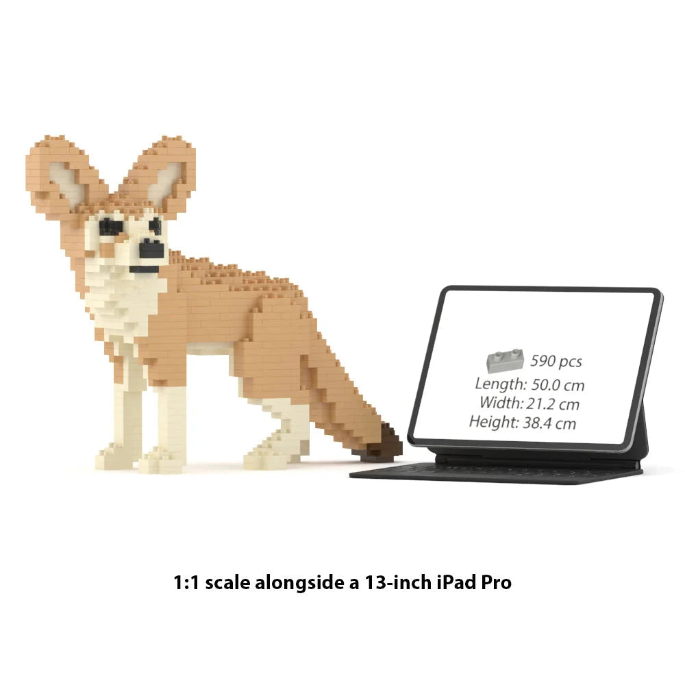 JEKCA Fennec Fox 1:1 scale building block sculpture standing next to a 13-inch iPad Pro for size reference.