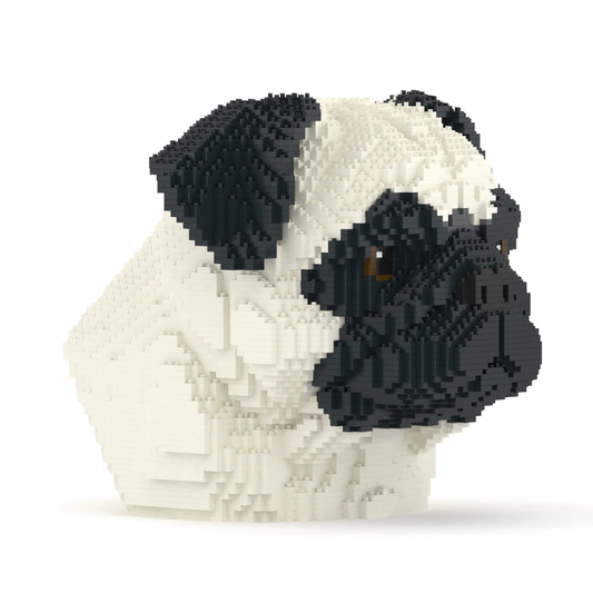 Black and white dog figure made of interlocking bricks on a white background