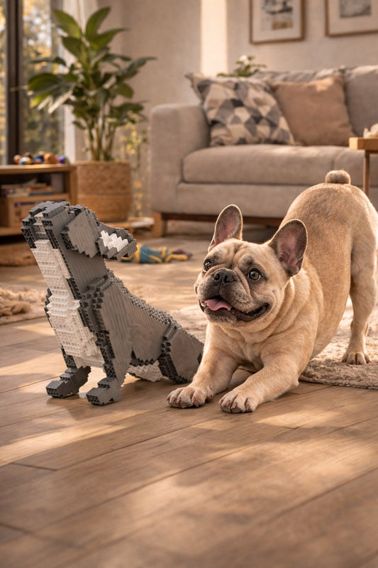 French Bulldog playfully standing near the Frenchie built of laminifigs building blocks