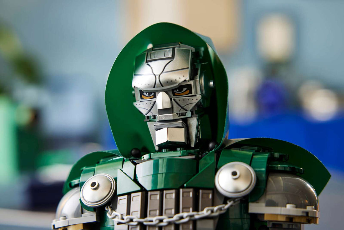 doctor doom bust made of lego bricks, wearing a green hood and metal mask