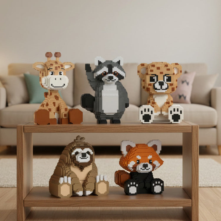 Five animal-shaped building block money banks, including a giraffe, raccoon, cheetah, sloth, and red panda, from the new Money Bank building set series. | Laminifigs.com
