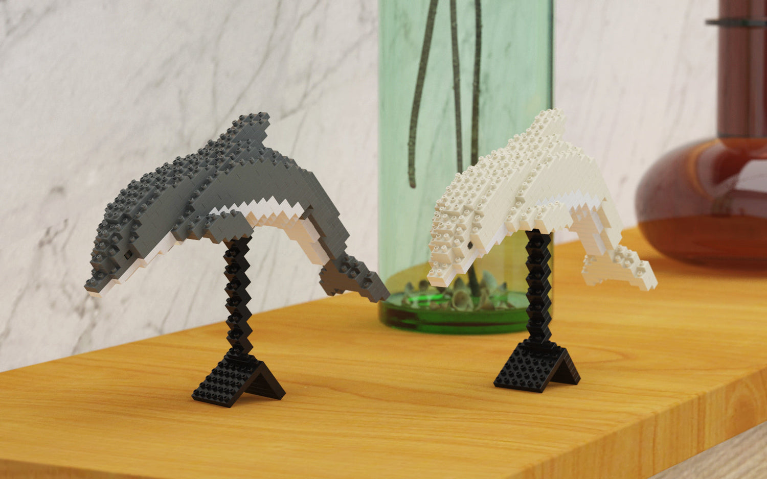 Dolphins made of interlockign blocks on the wooden table
