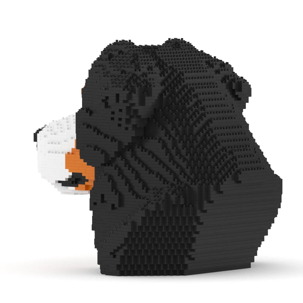 Bernese Mountain Dog Bust made of interlocking bricks on a white background