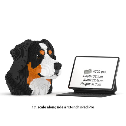 Brick-built Bernese Mountain Dog Bust model next to a 13-inch iPad Pro for scale
