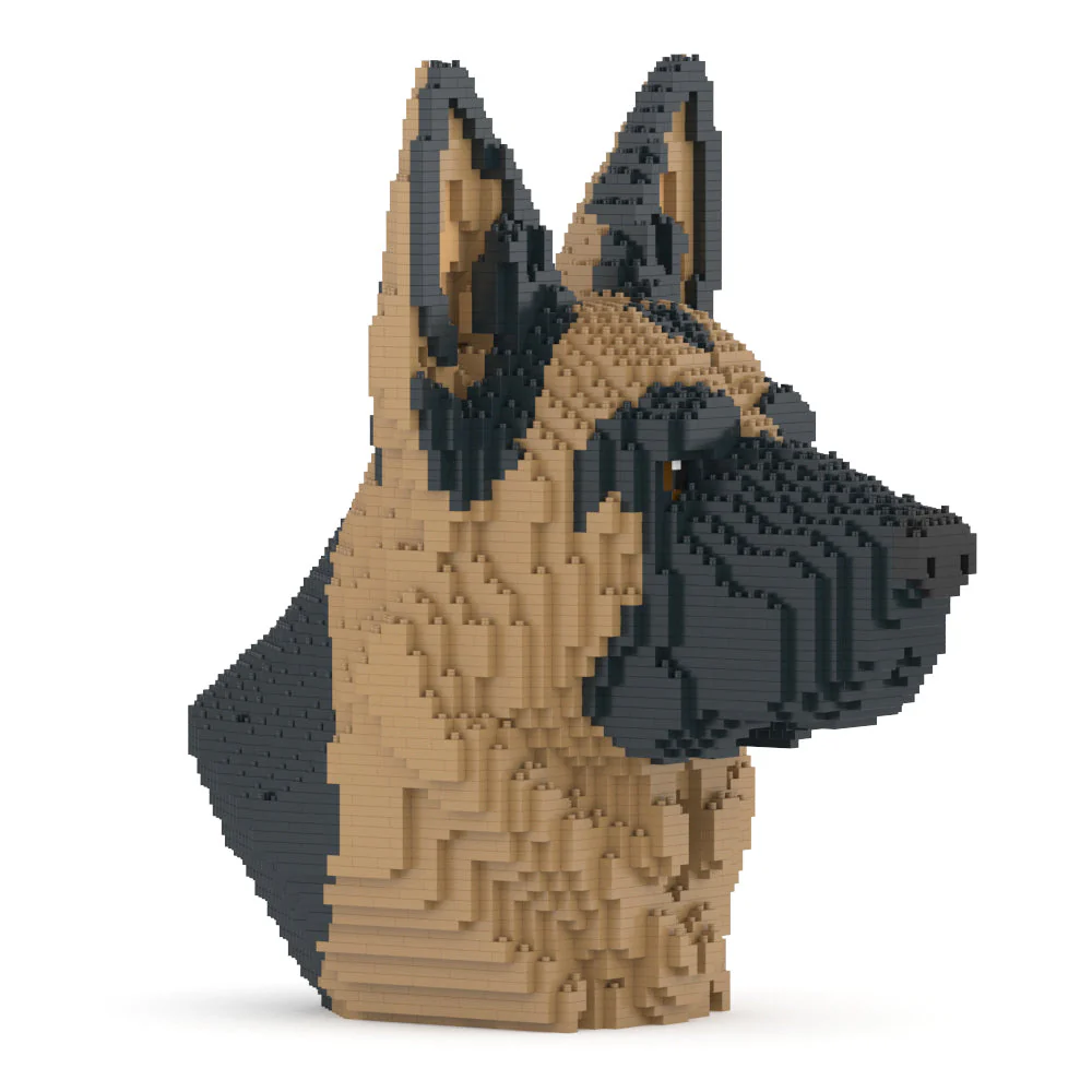 3D model of a German Shepherd dog's head made from interlocking bricks on a white background