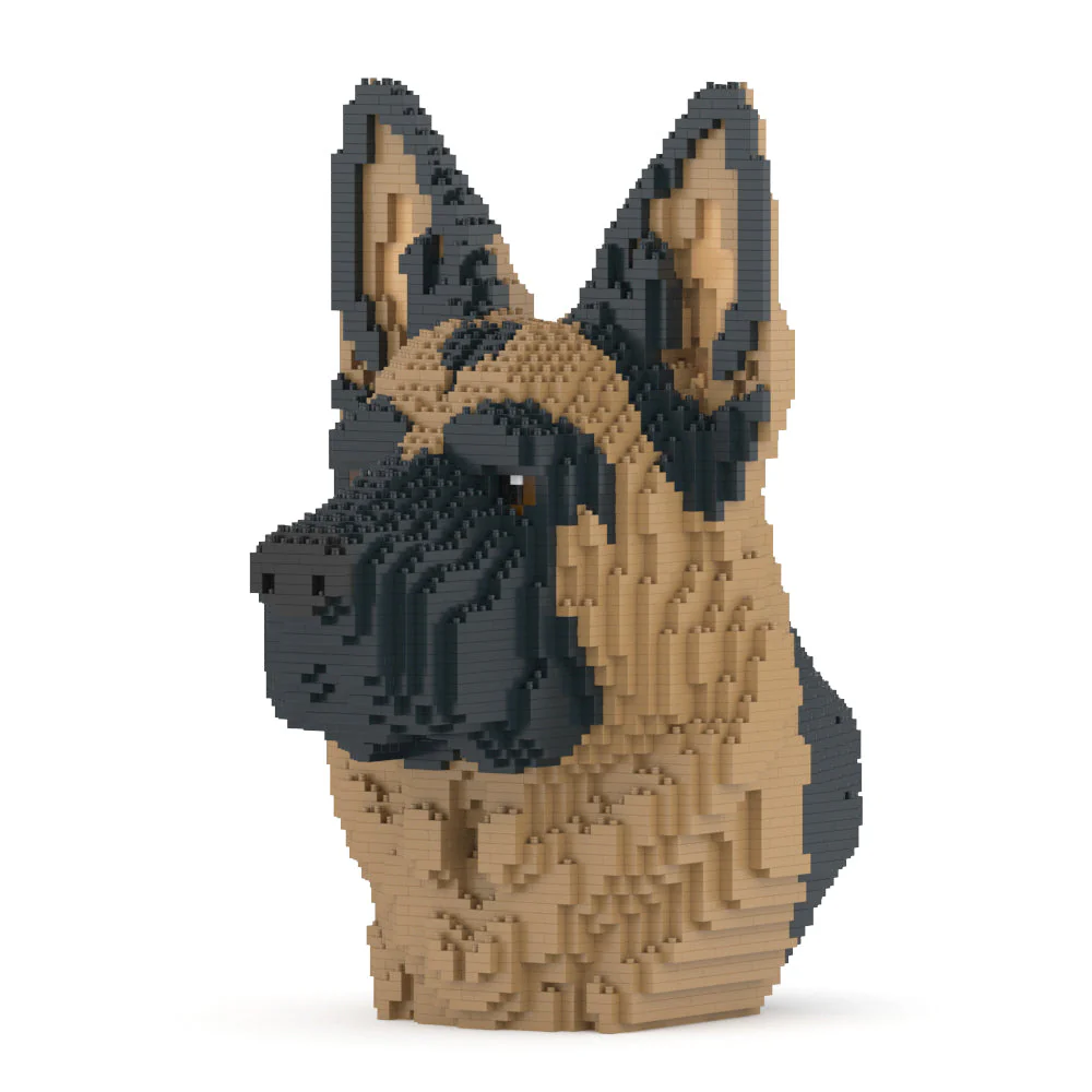 Toy figure of a German Shepherd made from interlocking bricks on a white background