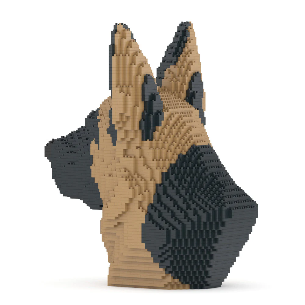 Three-dimensional German Shepherds h bust figure made of interlocking bricks on a white background
