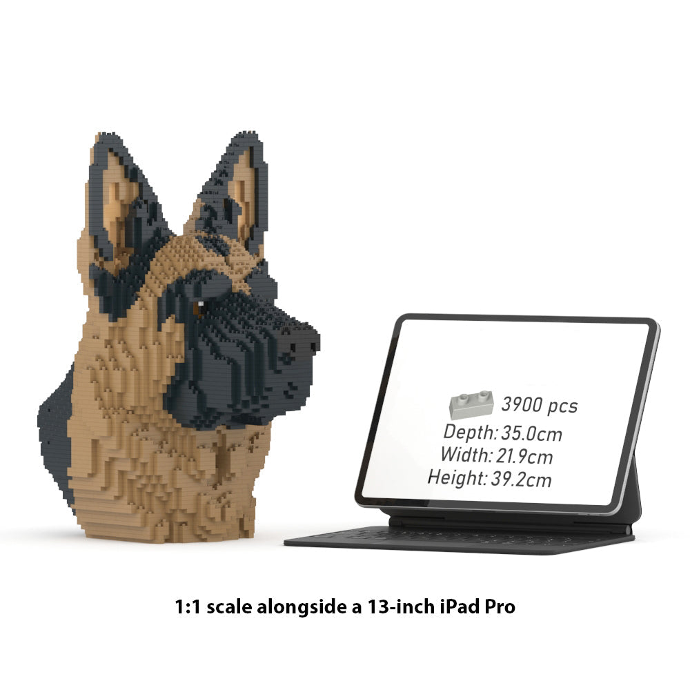 3D pixel art of german shepherd dog model next to a 13-inch iPad Pro for scale