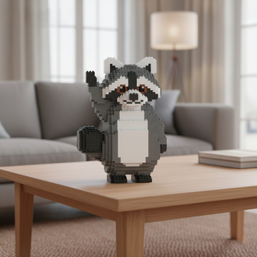 Brick-built raccoon figure on a wooden coffee table in a living room setting