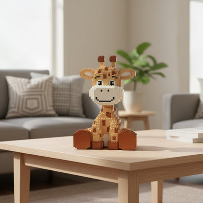 Toy giraffe on a wooden table in a living room setting