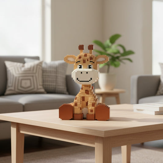 Toy giraffe on a wooden table in a living room setting