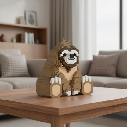 Brick-built sloth figure on a wooden coffee table in a living room setting