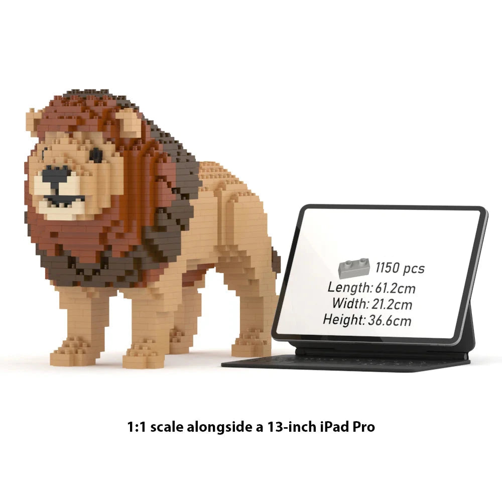 building blocks lion model next to a 13-inch iPad Pro for scale on a white background