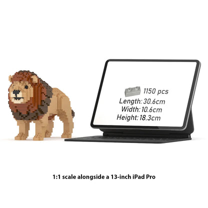 Toy lion model made of interlocking bricks next to a tablet displaying product details on a white background