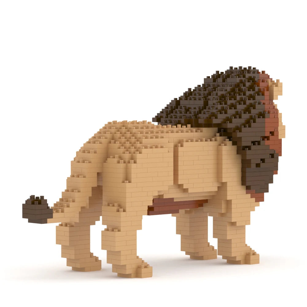 Toy lion made of interlocking bricks on a white background