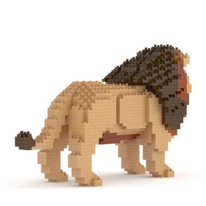 Toy lion made of interlocking bricks on a white background