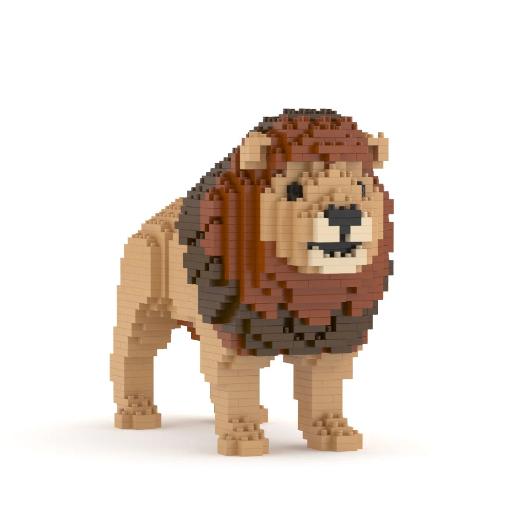 Toy lion made of interlocking bricks on a white background