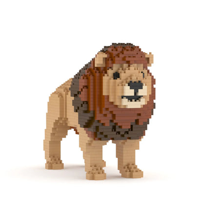 Toy lion made of interlocking bricks on a white background