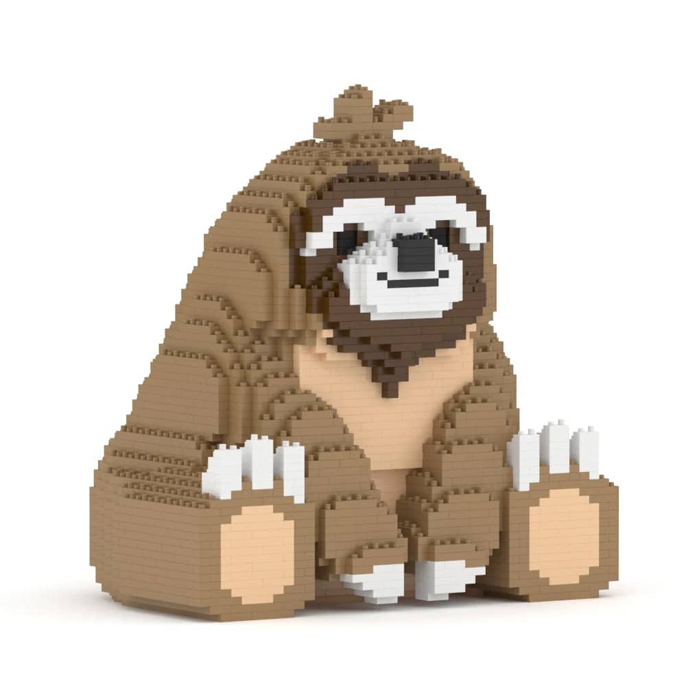 Toy figure of a sloth made from interlocking bricks on a white background