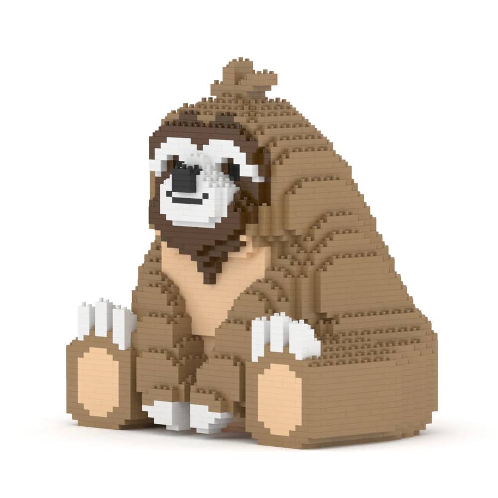 Toy figure of a sloth made from interlocking bricks on a white background