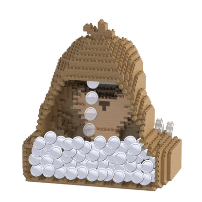 Toy figure of a sloth made from interlocking bricks on a white background