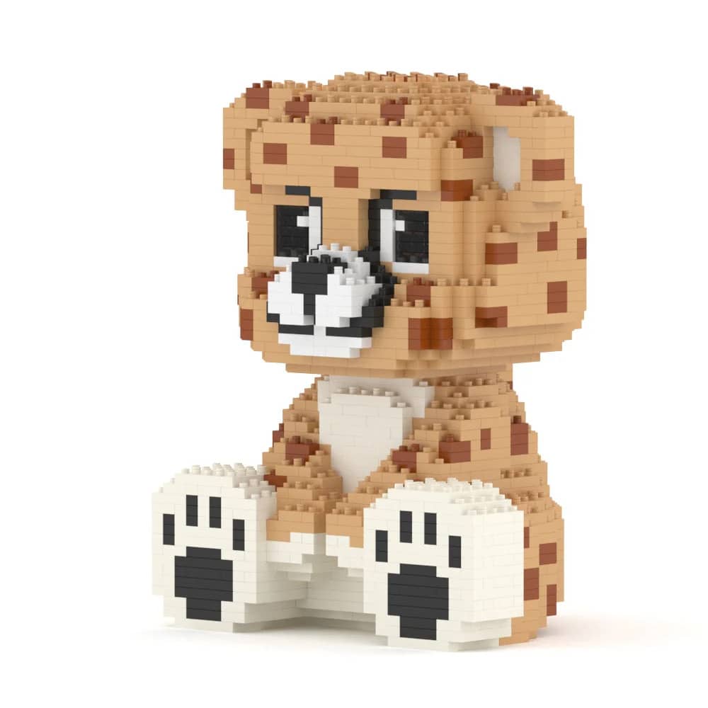 Cheetah building block set with a display stand showing dimensions.