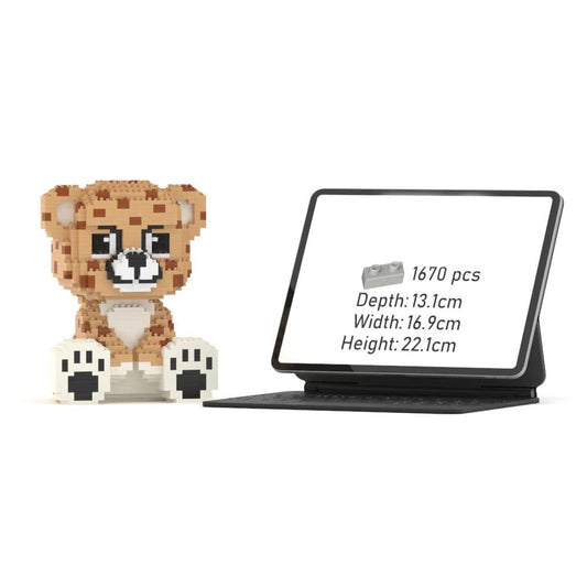 Cheetah building block set with a display stand showing dimensions.