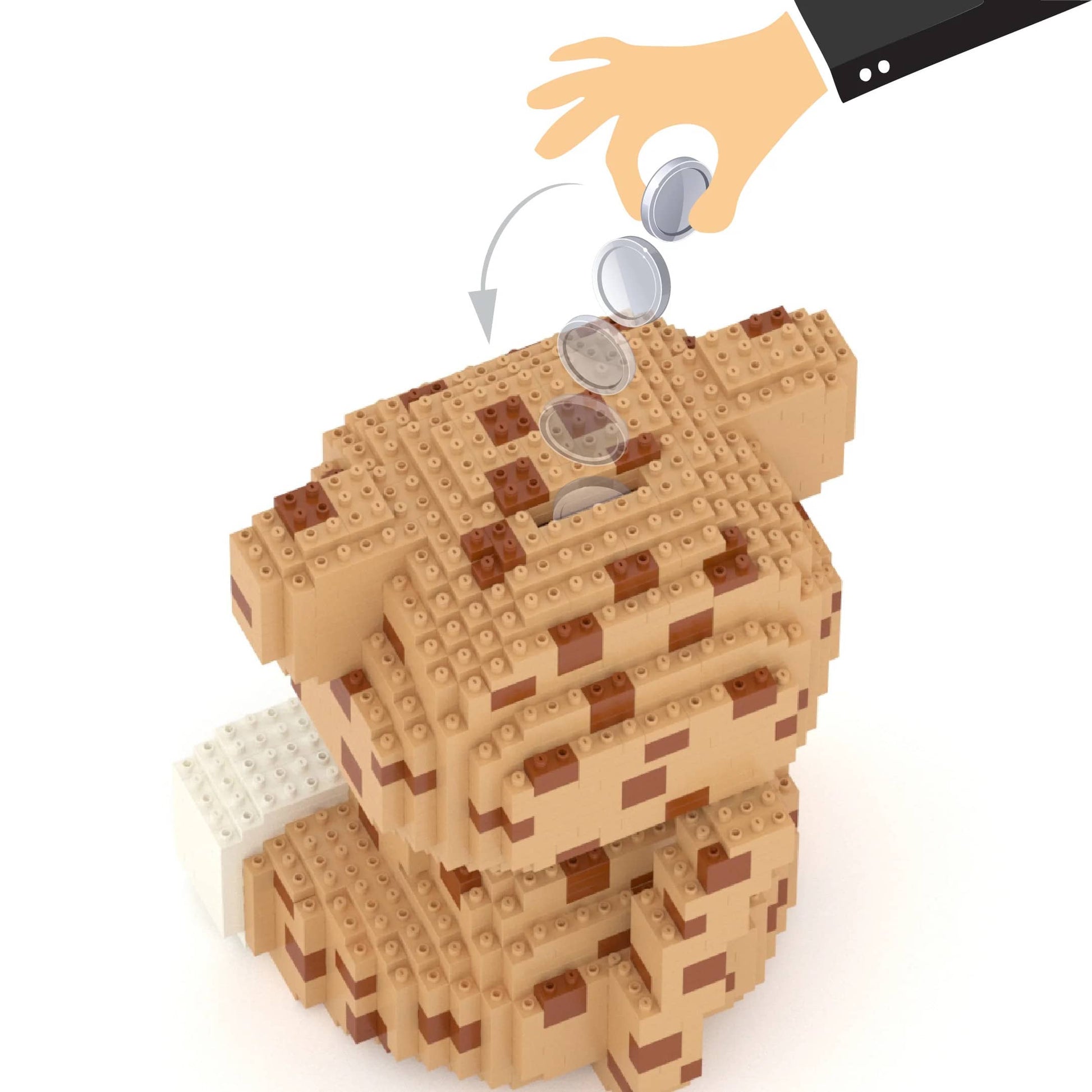 LEGO-like building block piggy bank with coins and a hand placing a coin on a white background