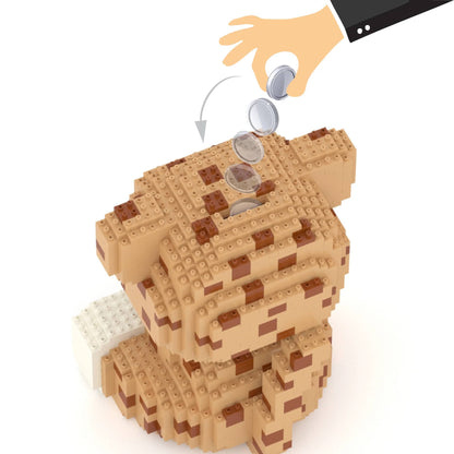 LEGO-like building block piggy bank with coins and a hand placing a coin on a white background