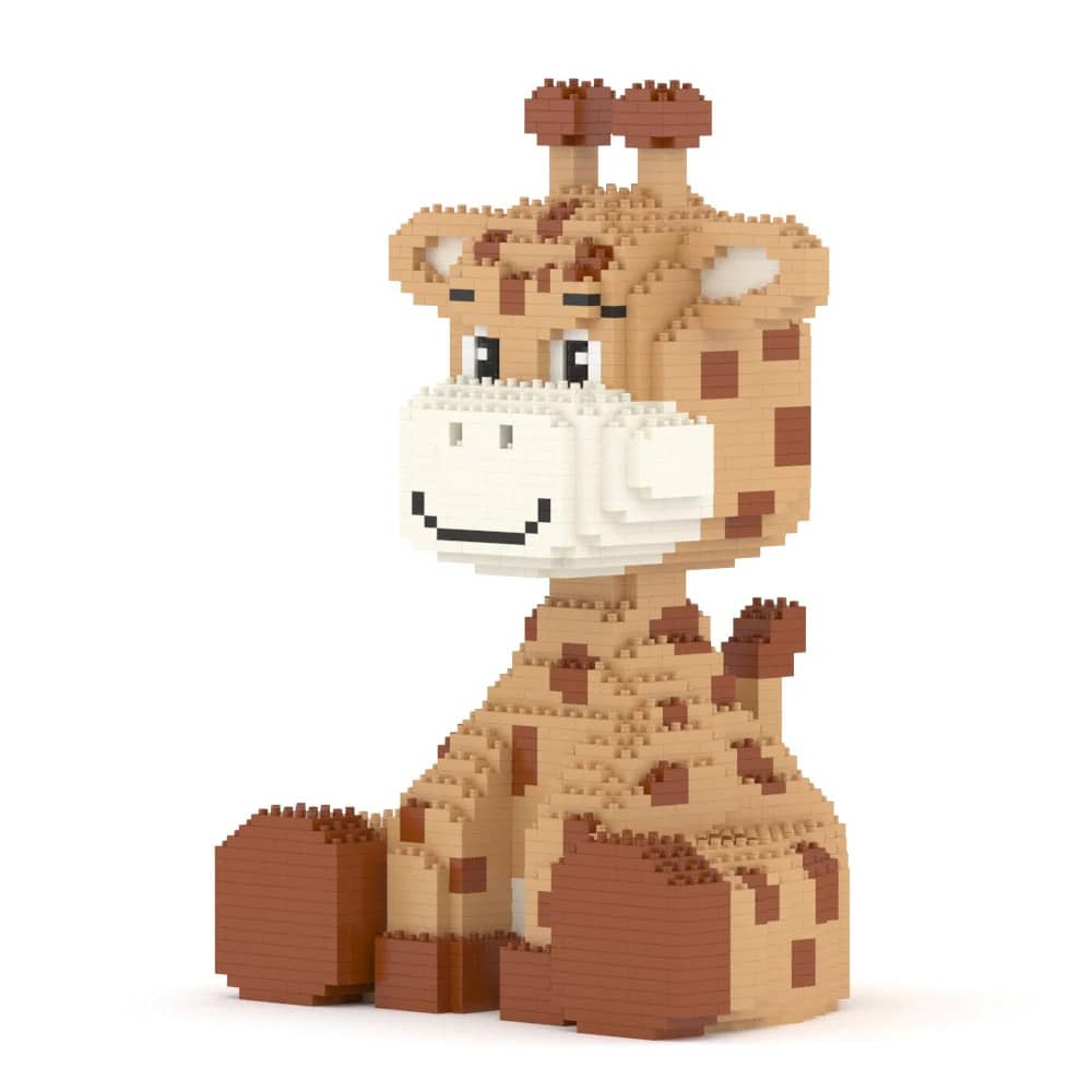 Toy giraffe made of interlocking bricks on a white background