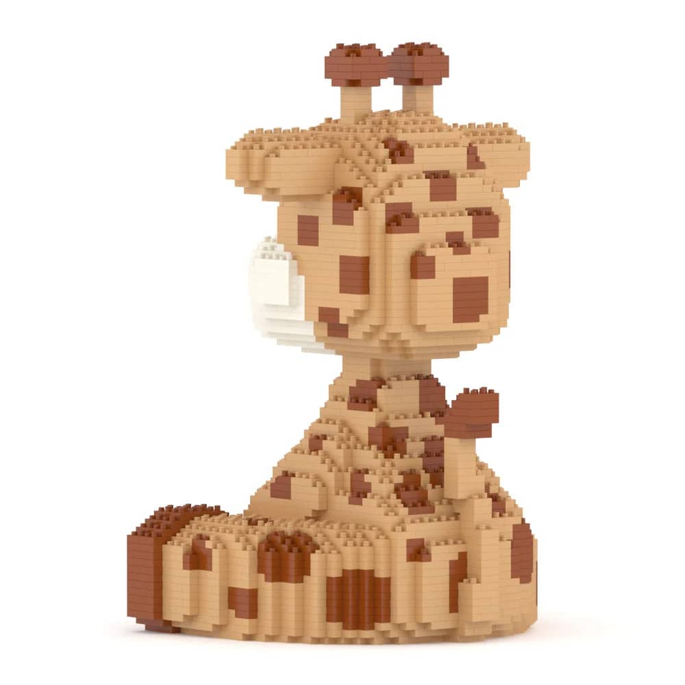Giraffe figurine made of interlocking bricks on a white background
