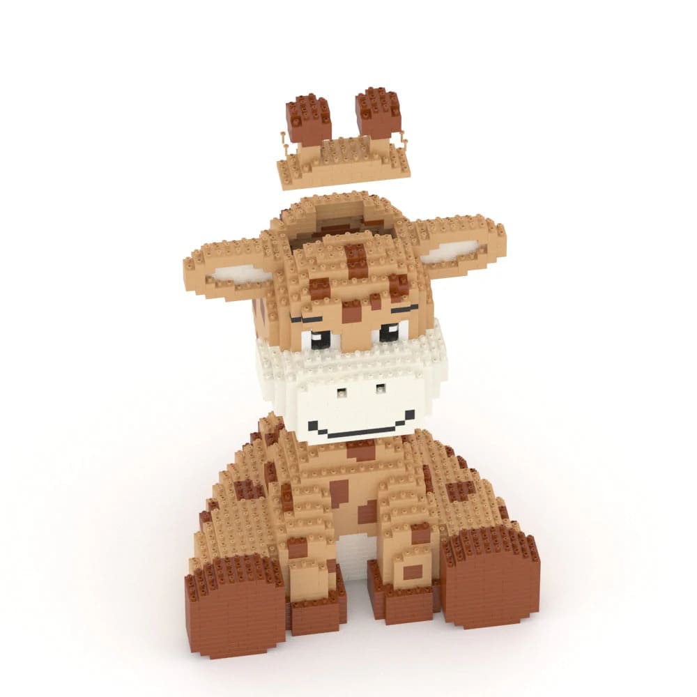 Toy giraffe made of interlocking bricks on a white background