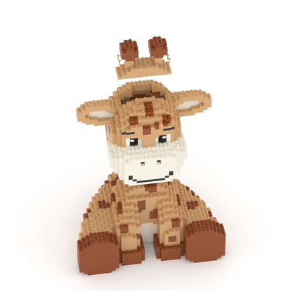 Toy giraffe made of interlocking bricks on a white background