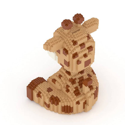 Toy giraffe made of interlocking bricks on a white background