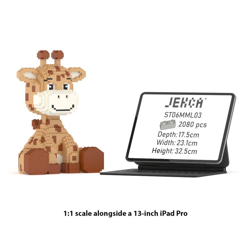 Giraffe-shaped building block set next to a 13-inch iPad Pro for scale comparison