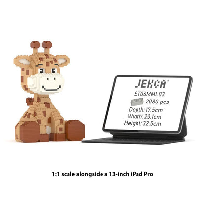 Giraffe-shaped building block set next to a 13-inch iPad Pro for scale comparison