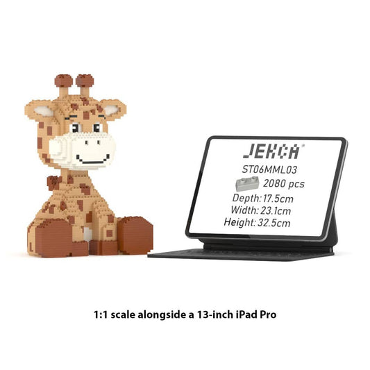 Giraffe-shaped building block set next to a 13-inch iPad Pro for scale comparison