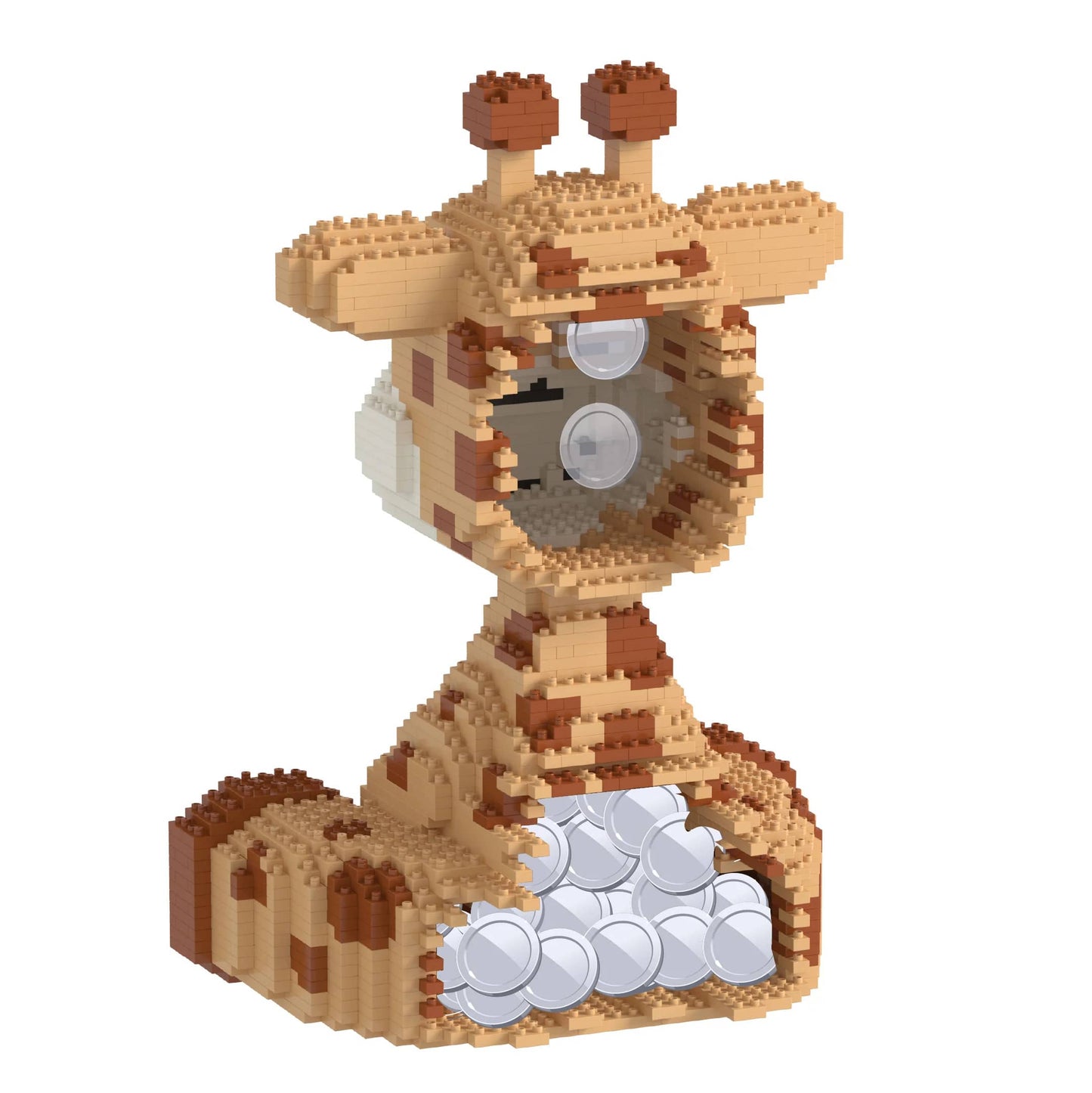 Giraffe made of building blocks on a white background money bank