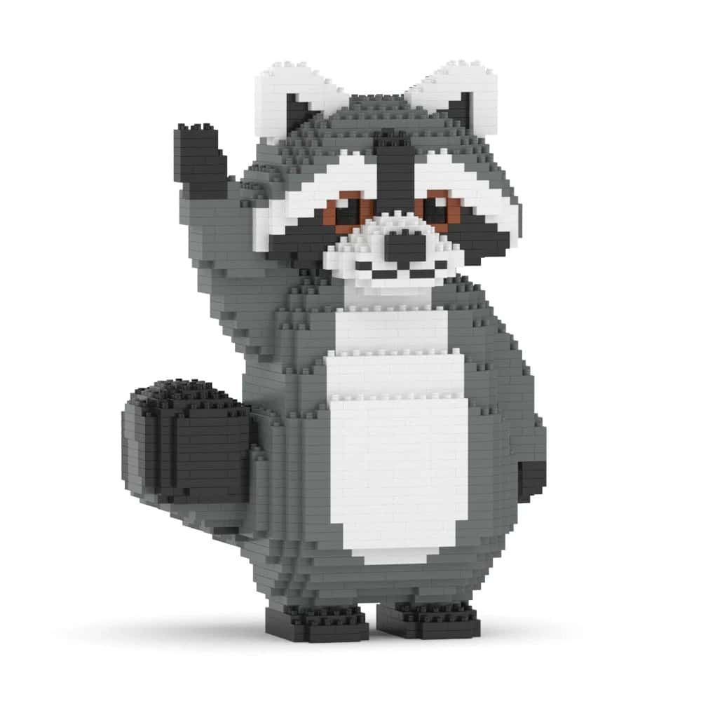 Raccoon figurine made of interlocking bricks on a white background