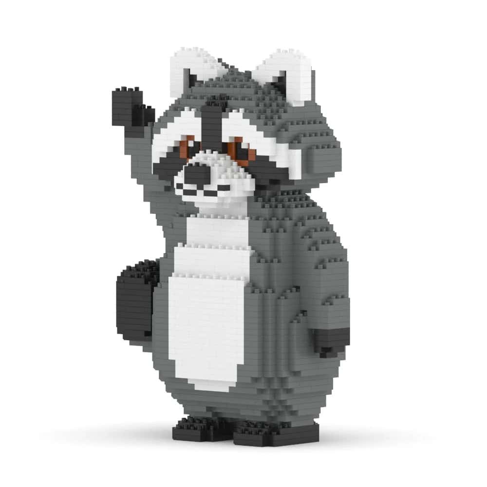 Toy figure of a raccoon made from interlocking bricks on a white background