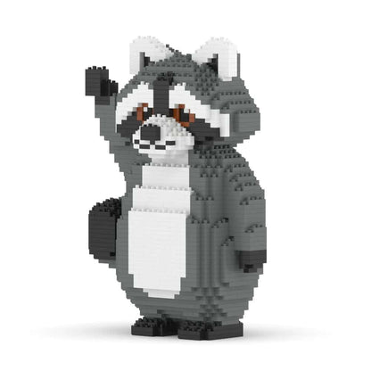 Toy figure of a raccoon made from interlocking bricks on a white background