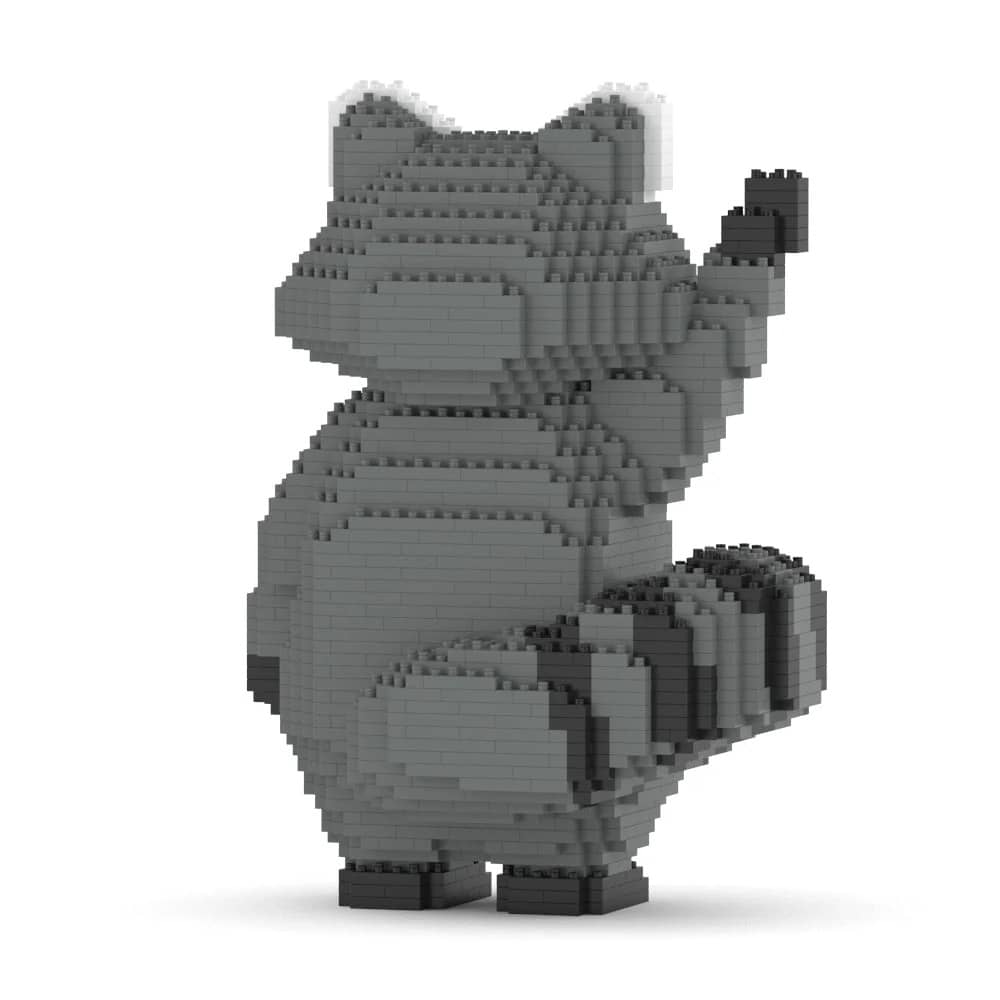 Raccoon figurine made of interlocking bricks on a white background