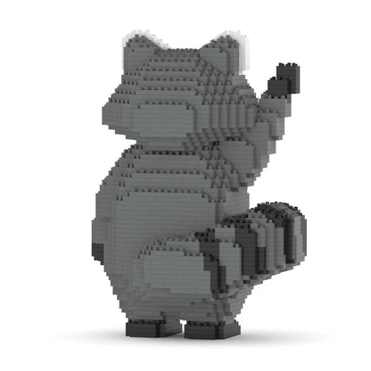 Raccoon figurine made of interlocking bricks on a white background